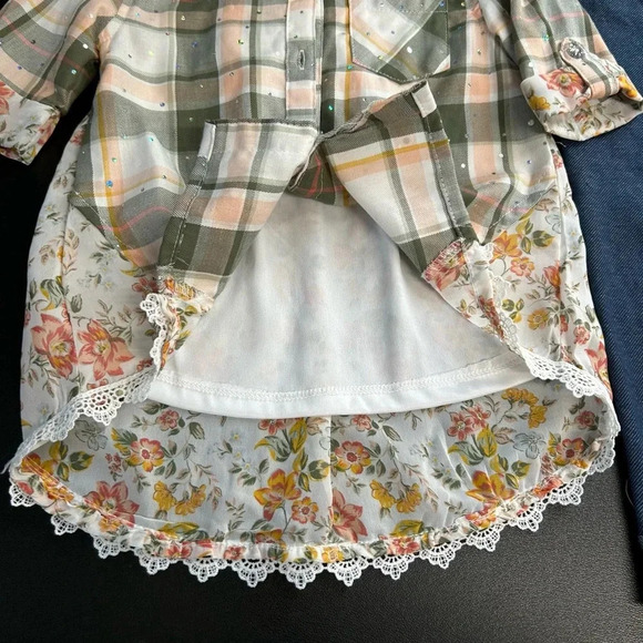 Little Lass Girl 24 Month 2 Piece Outfit Sparkle Lace Plaid Top Stretch Jeans - Picture 3 of 14